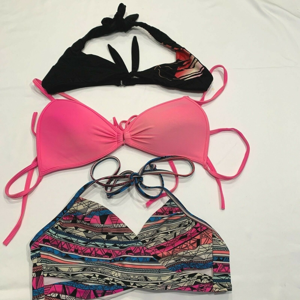 Lot of 3 Swim Swimsuit Bikini Tops Size S/M Black Pink Multi Aztec Halter